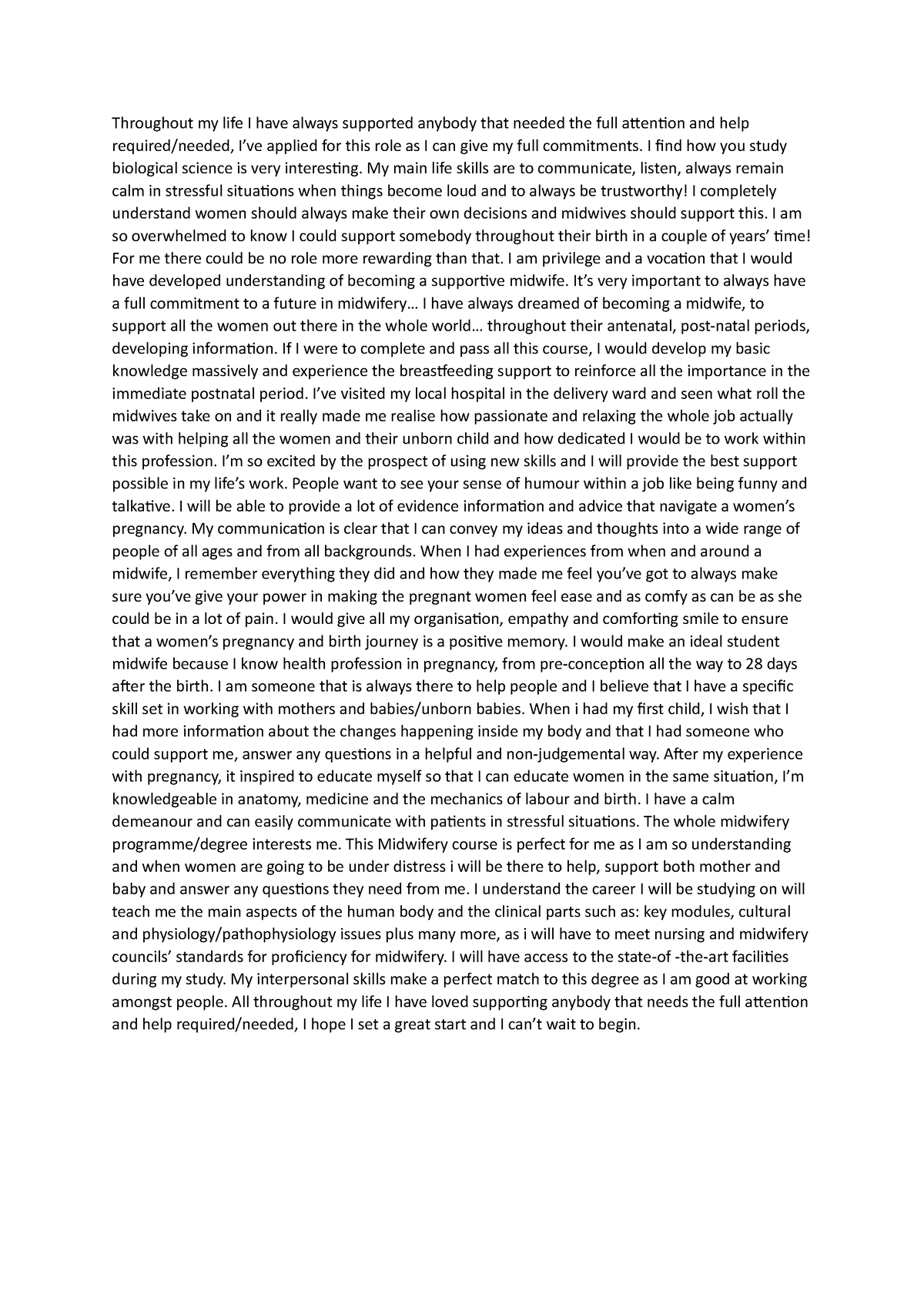 sample personal statement for university midwifery