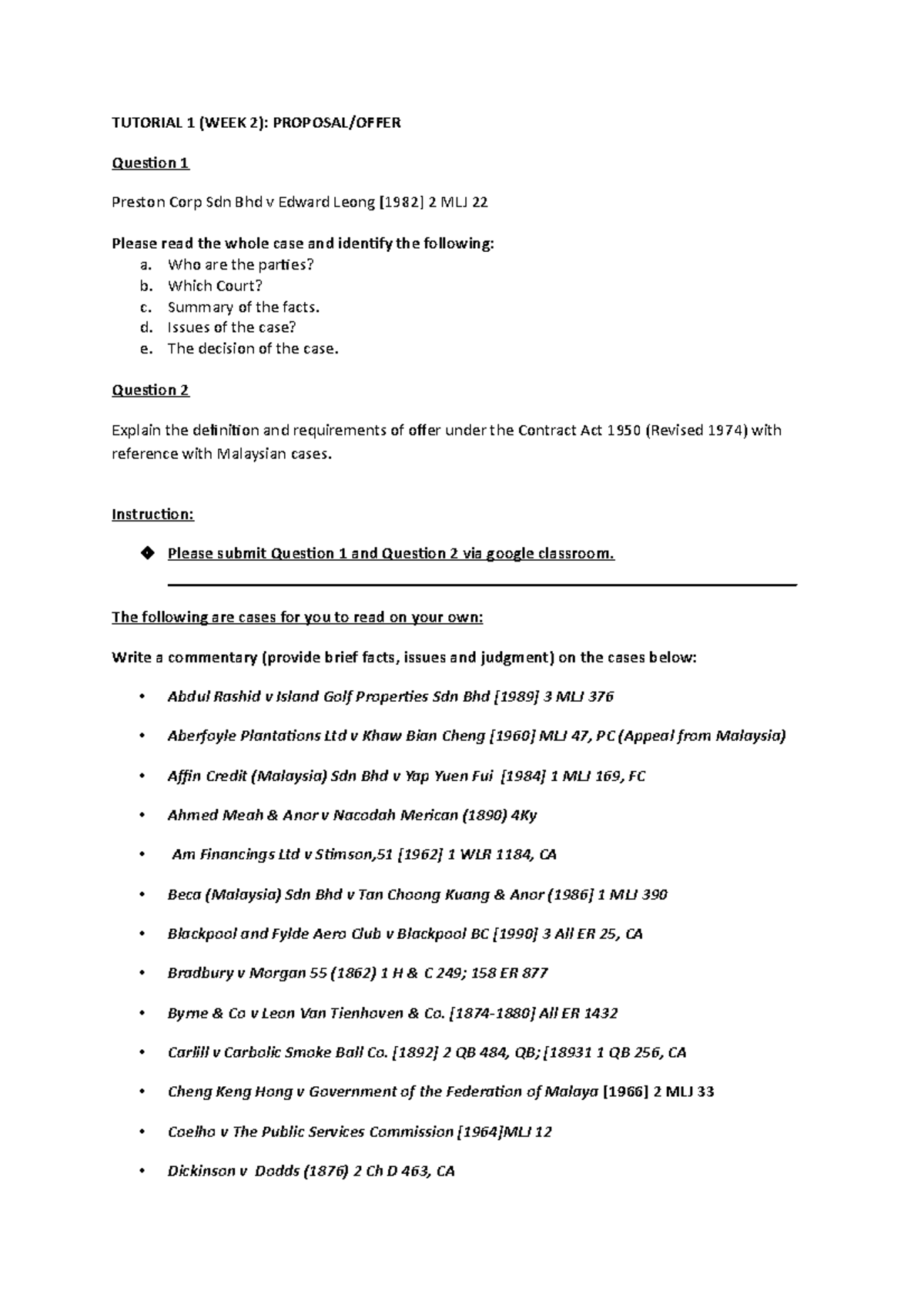 Tutorial 1 Week 2 TUTORIAL 1 (WEEK 2) PROPOSAL/OFFER Question 1