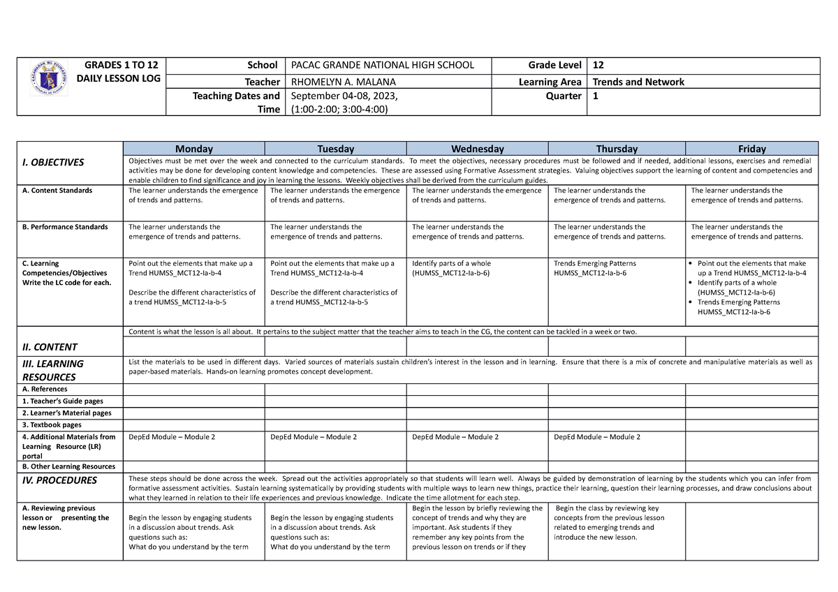 Trends-AND- Networks DLL 2 - GRADES 1 TO 12 DAILY LESSON LOG School ...