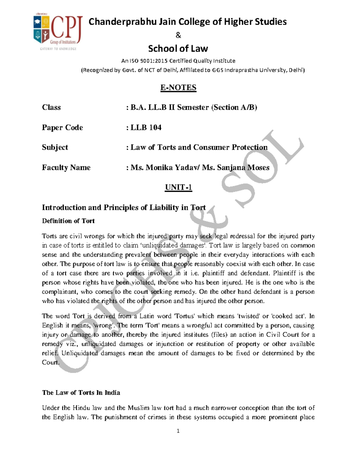 Unit-1 Law of Torts E-Notes Ballb - & School of Law An ISO 9001:2015 ...