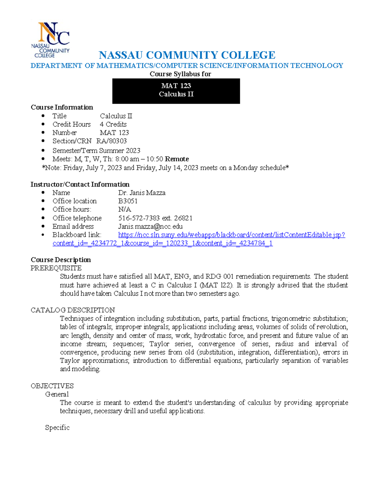 MAT 123 Course Outline - Summer 23 - NASSAU COMMUNITY COLLEGE ...