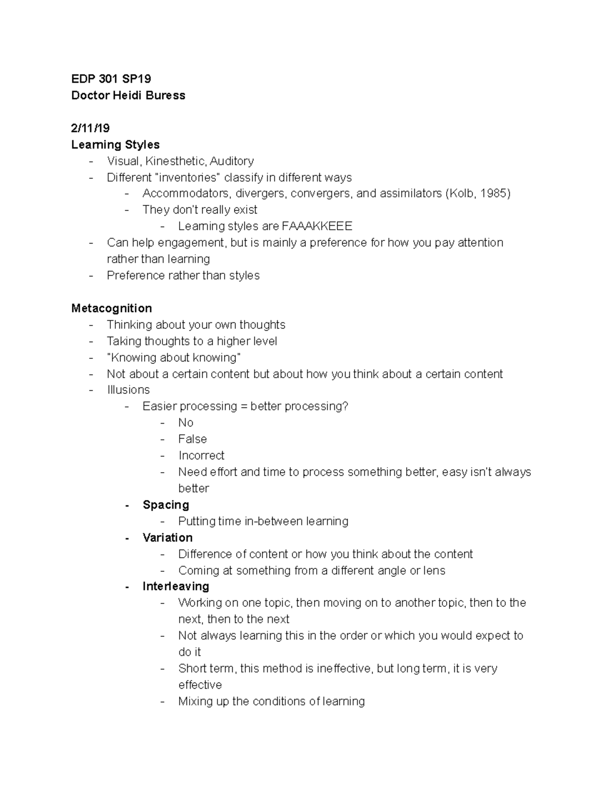 2019 Ed Psych Motivation Notes - EDP 301 SP Doctor Heidi Buress 2/11 ...