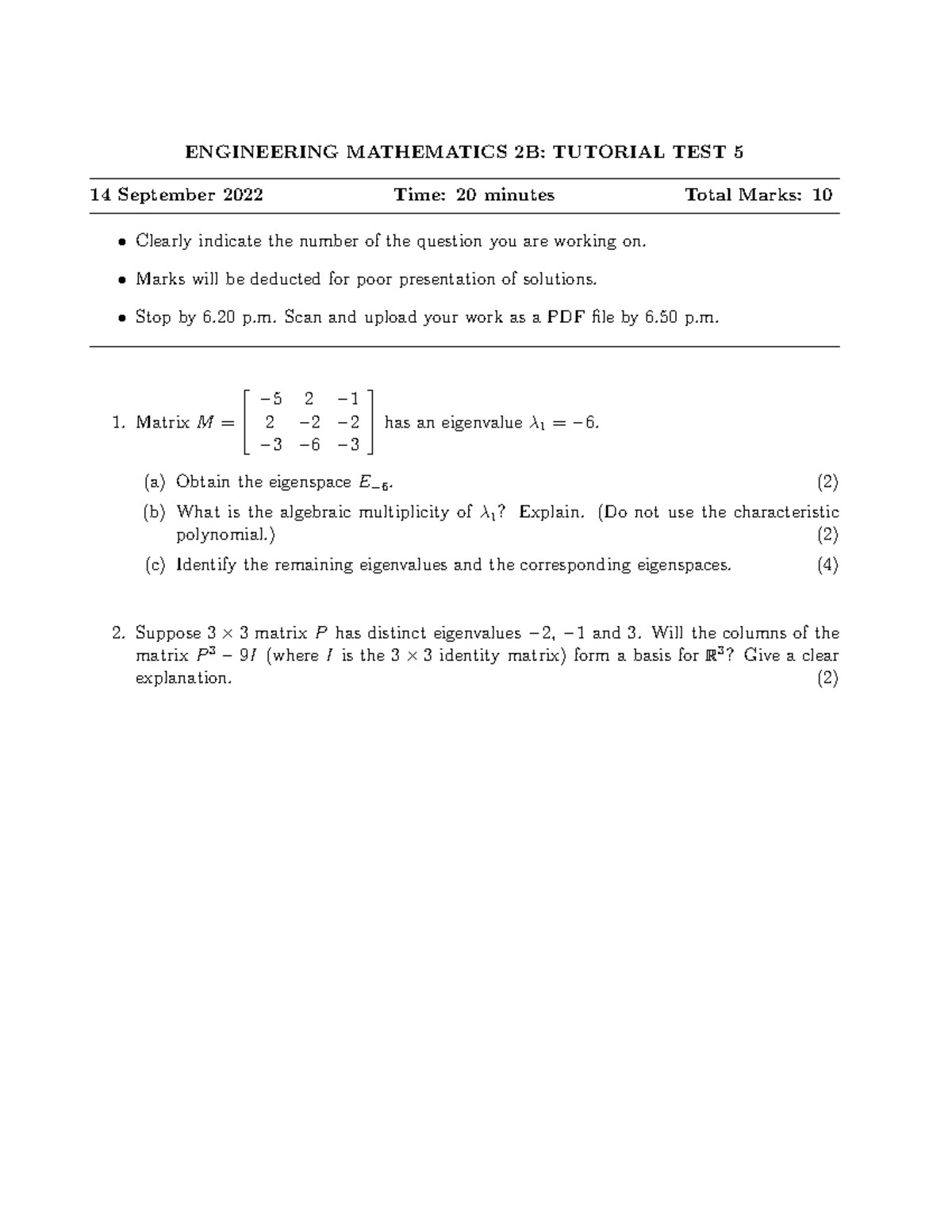 Tutorial Test 5 (2022) - ENGINEERING MATHEMATICS 2B: TUTORIAL TEST 5 14 ...