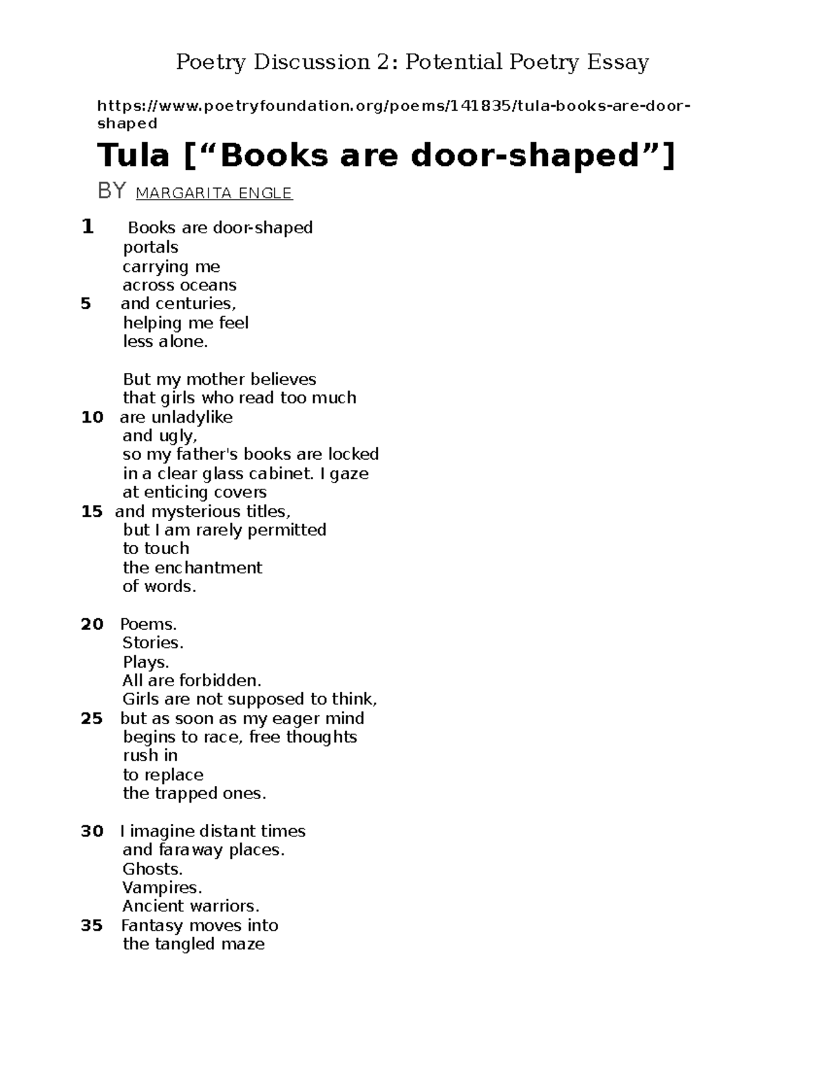Poetry Discussion 2 Books are doorshaped portals Poetry Discussion 2