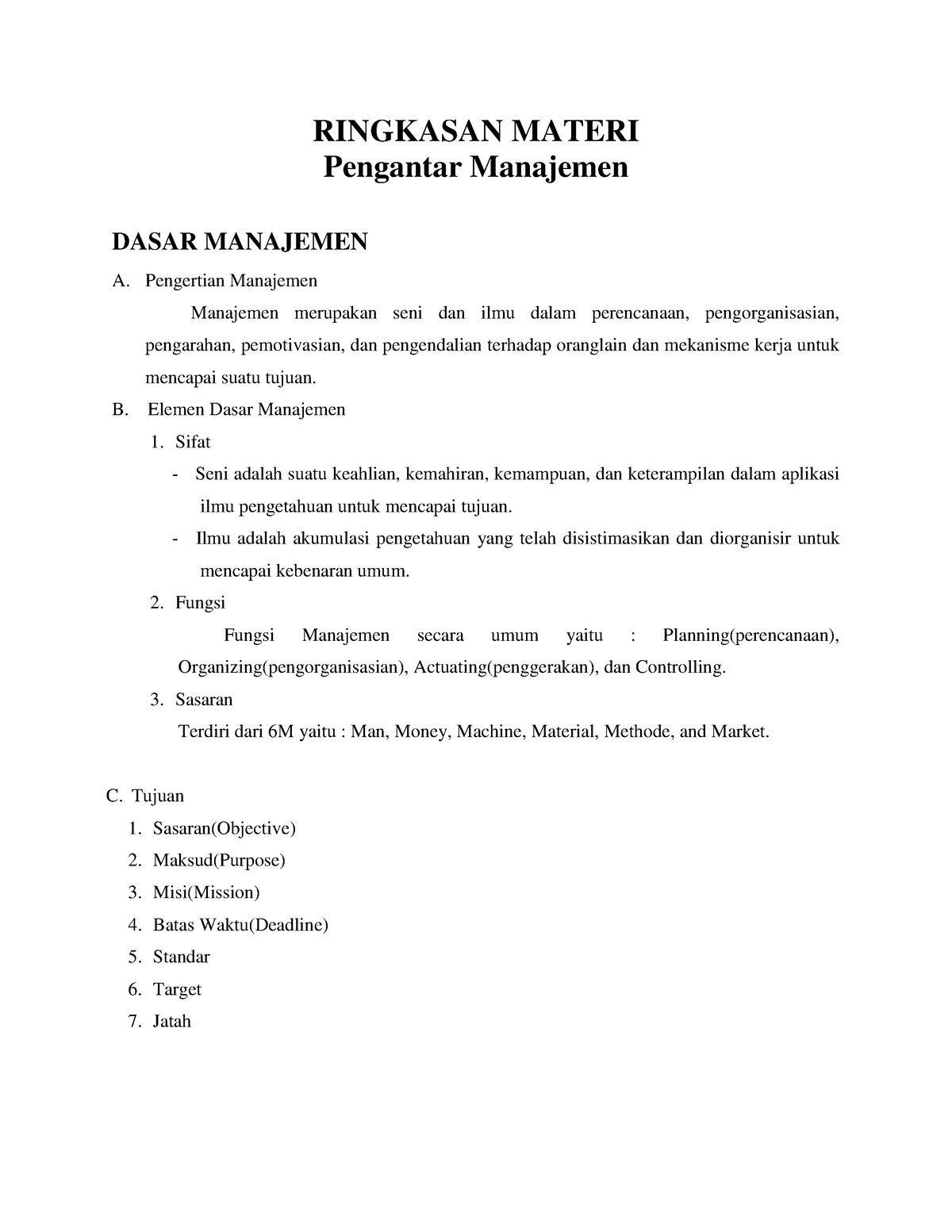 Ringkasan Materi Pengantar Manajemen - RINGKASAN MATERI Pengantar ...