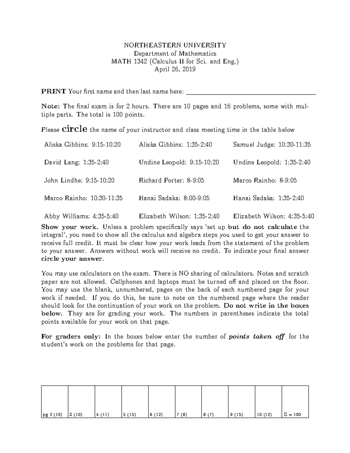 1342 Final EXAM Spring 2019 NORTHEASTERN UNIVERSITY Department of