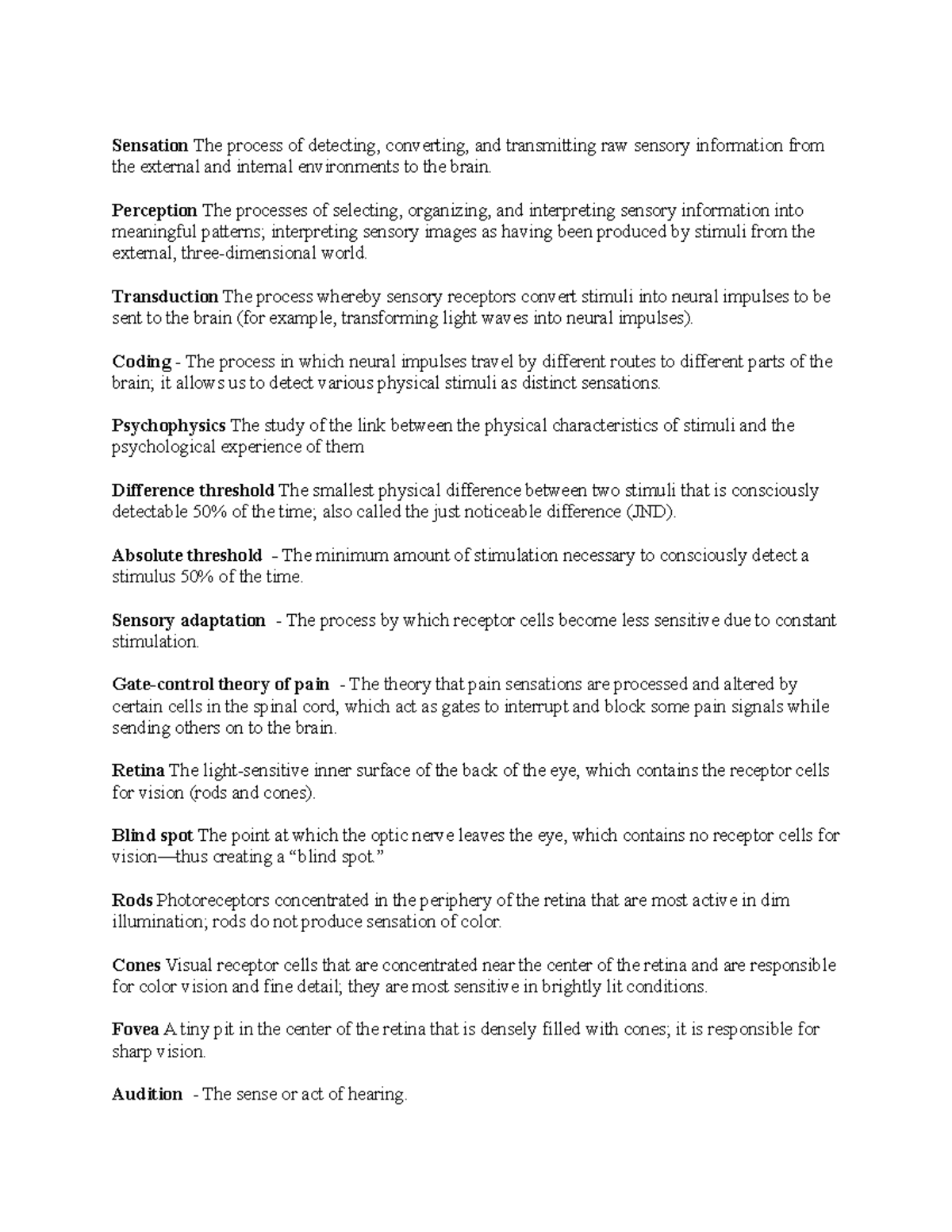 Ch 4vocabulary - Lecture notes 4 - Sensation The process of detecting ...