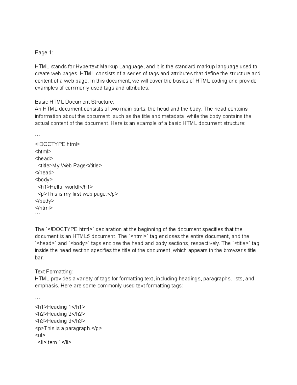 Html - Html Summary Notes - Page 1: Html Stands For Hypertext Markup 