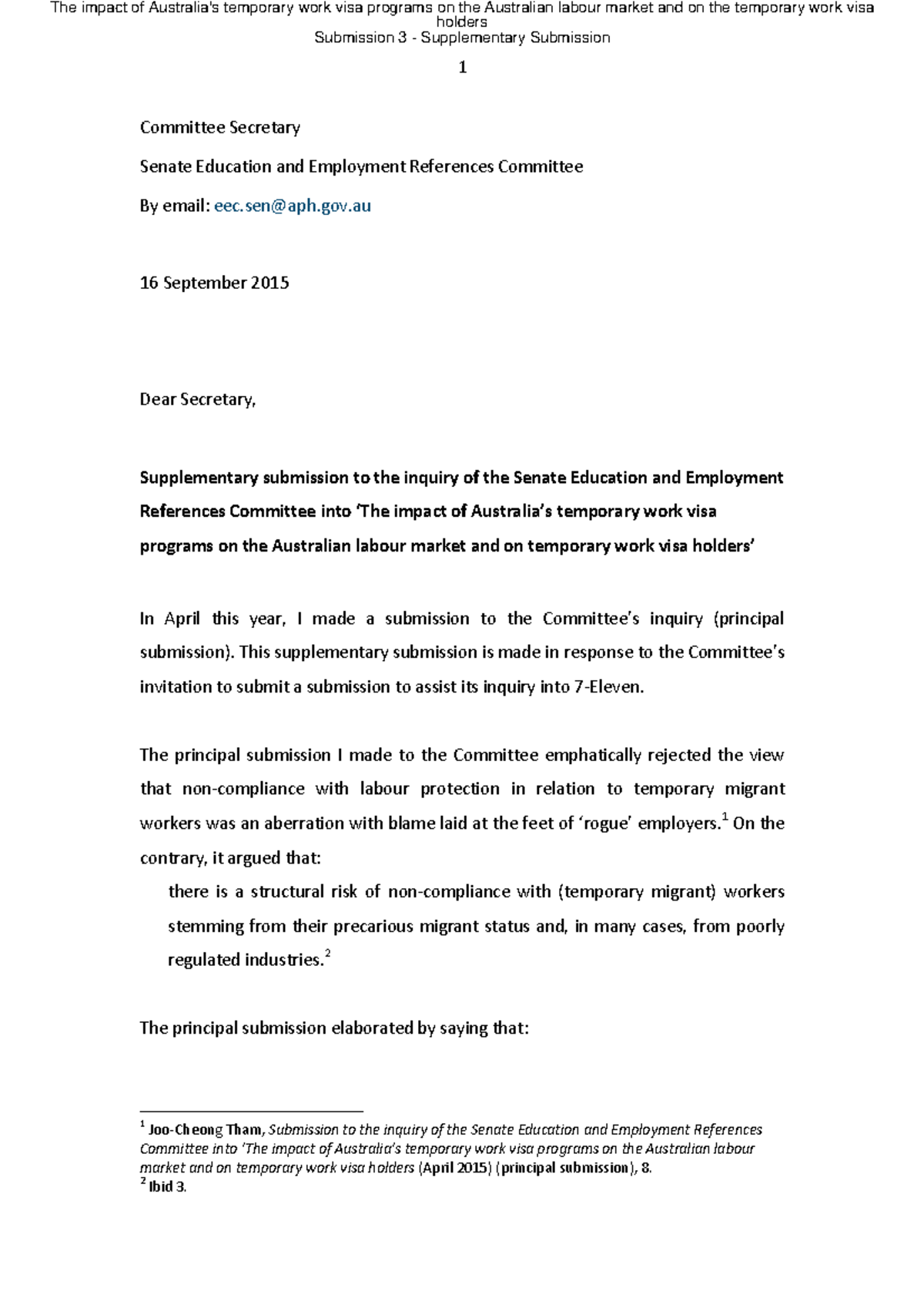 3 supp - sample - 1 Committee Secretary Senate Education and Employment ...