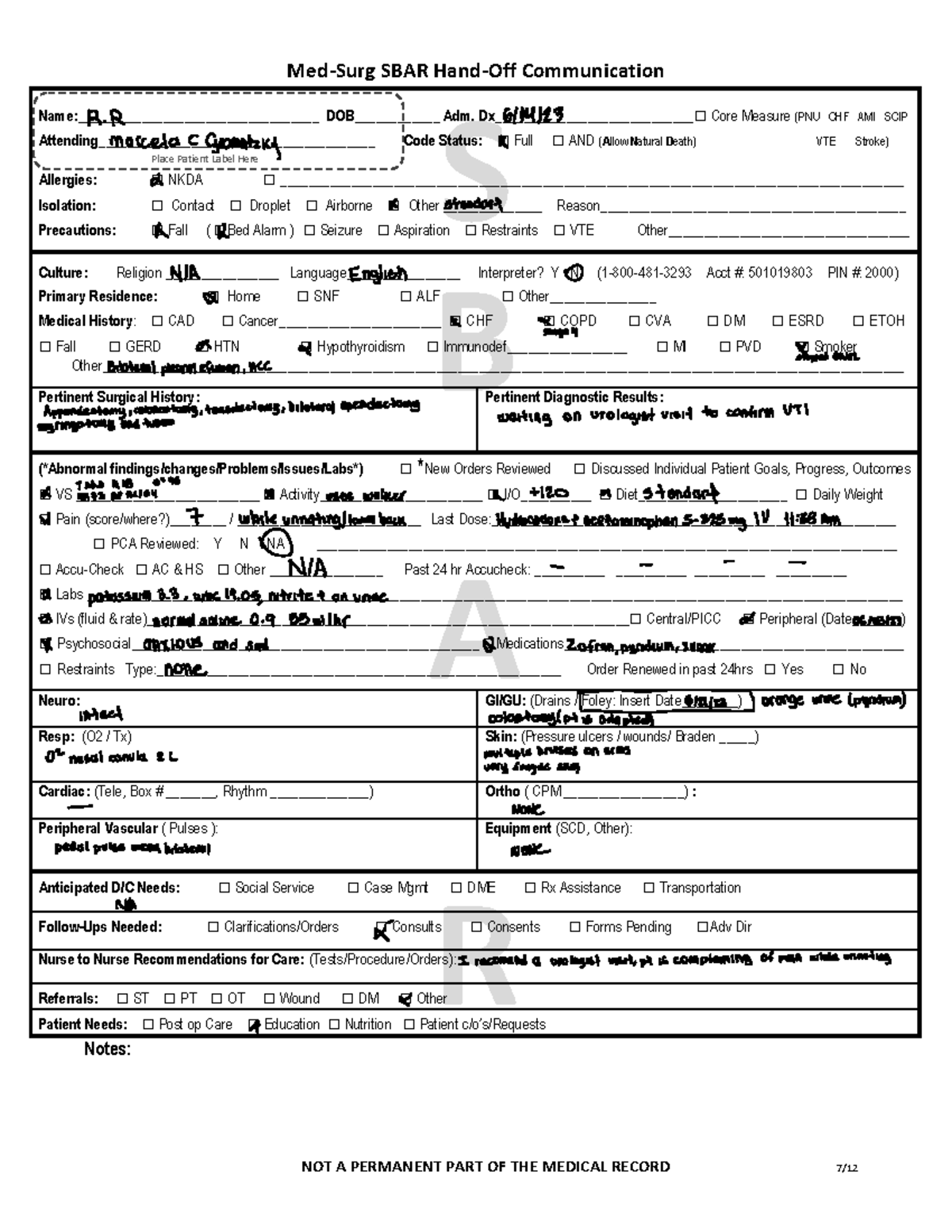 SBAR MedSurg Final 62013 PDF MedSurg SBAR HandOff