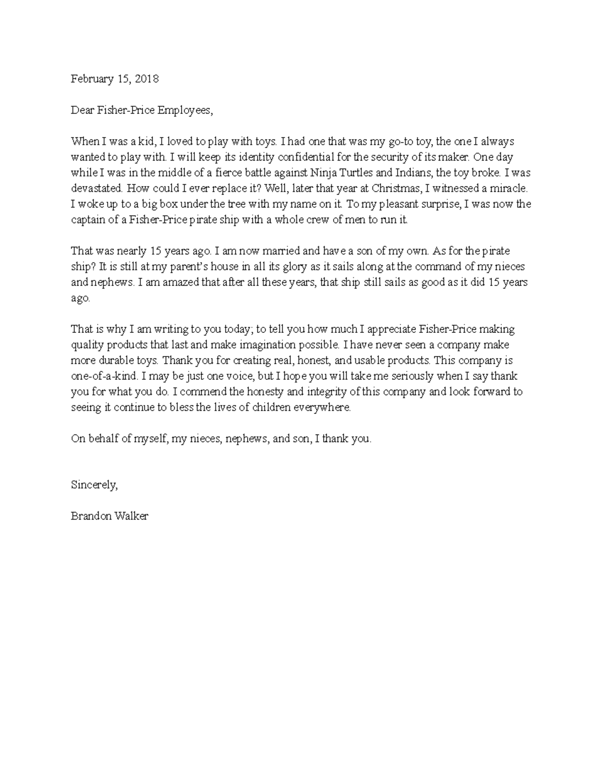 Lovbh 2 - Letter To Company - February 15, 2018 Dear Fisher-price 