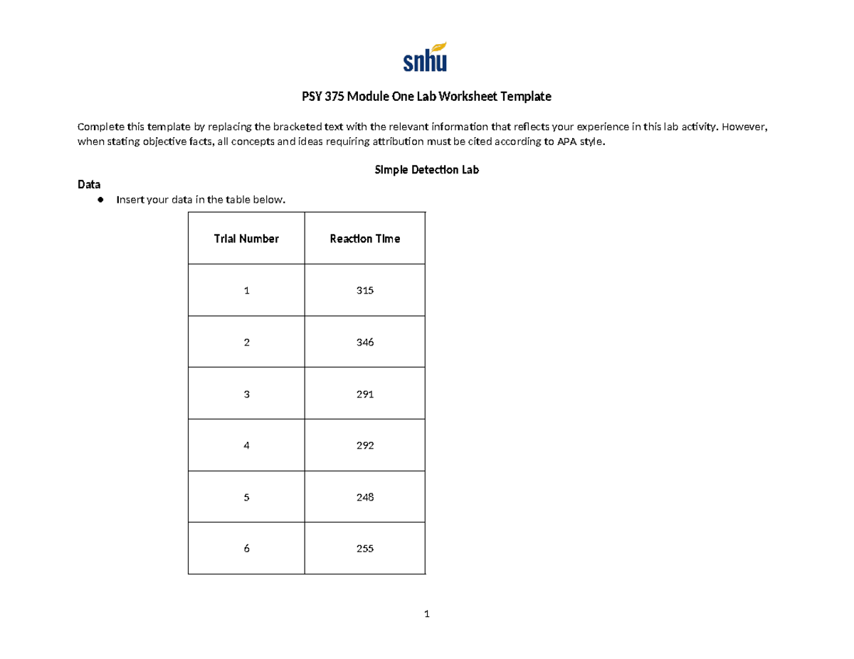 PSY 375 Module One Lab Worksheet Template - PSY 375 Module One Lab ...