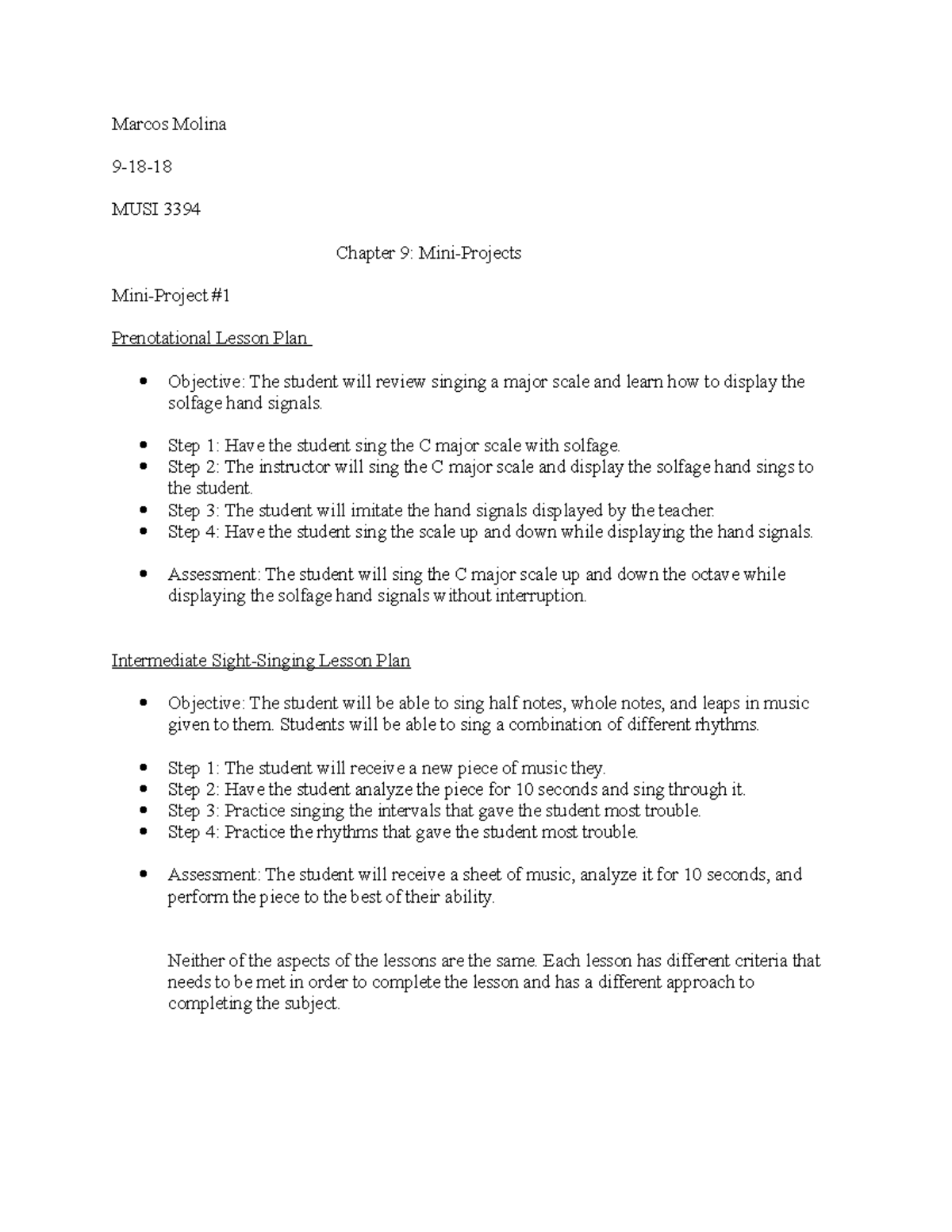 Hs method chapter 9 mini projects - Marcos Molina 9-18-18 MUSI 3394 ...