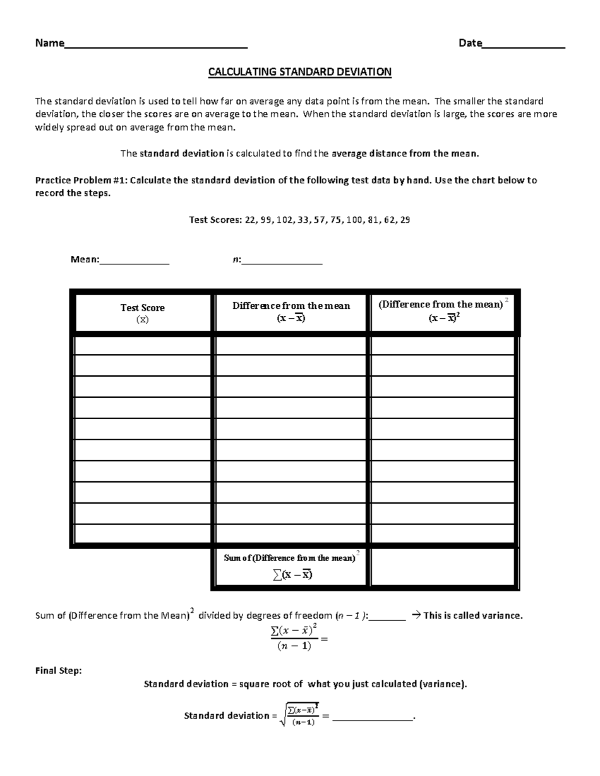 Standard Deviation Practice Worksheet - Name Date CALCULATING STANDARD  DEVIATION The standard - Studocu