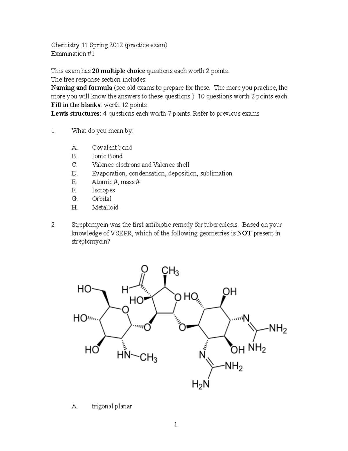 Exam1 Practice PDF SP2012 - Chemistry 11 Spring 2012 (practice Exam ...