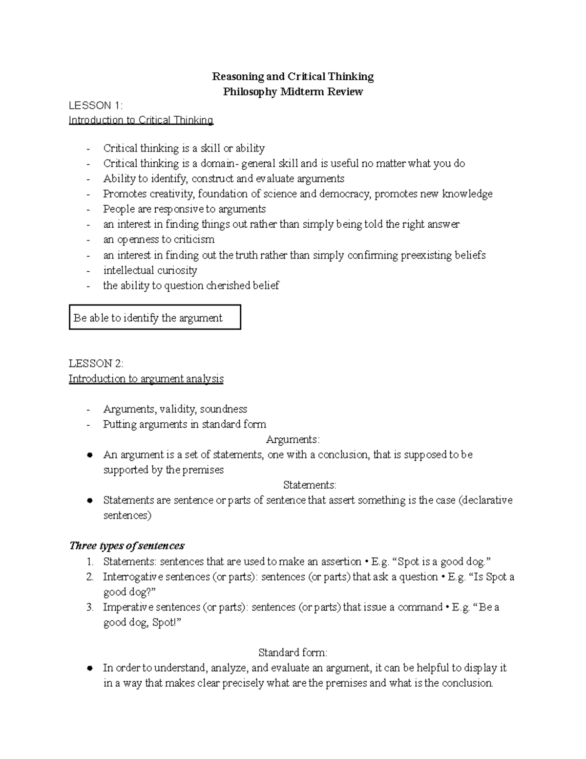 Philpsophy Midterm Review - Reasoning and Critical Thinking Philosophy ...