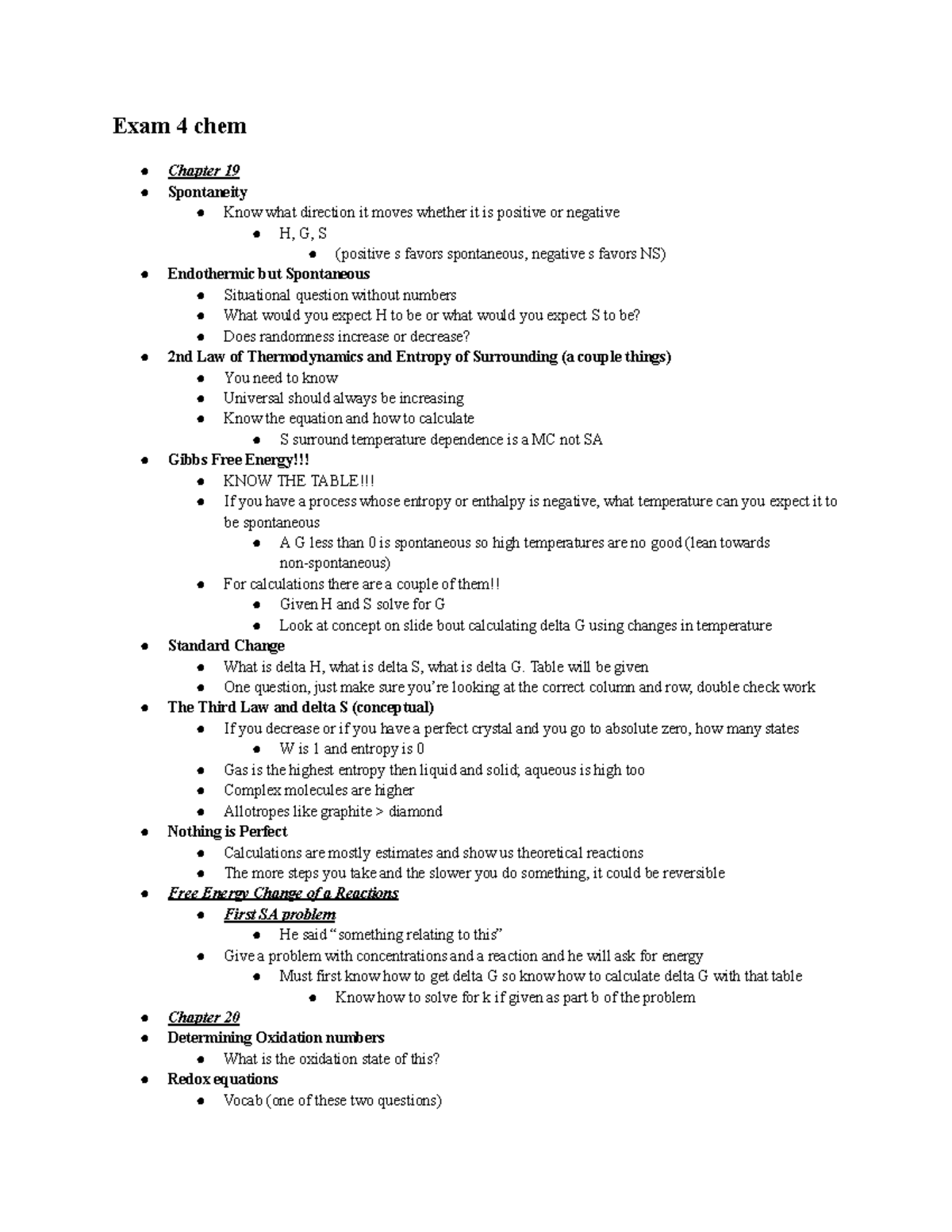 Exam 4 chem study guide - Exam 4 chem Chapter 19 Spontaneity Know what ...
