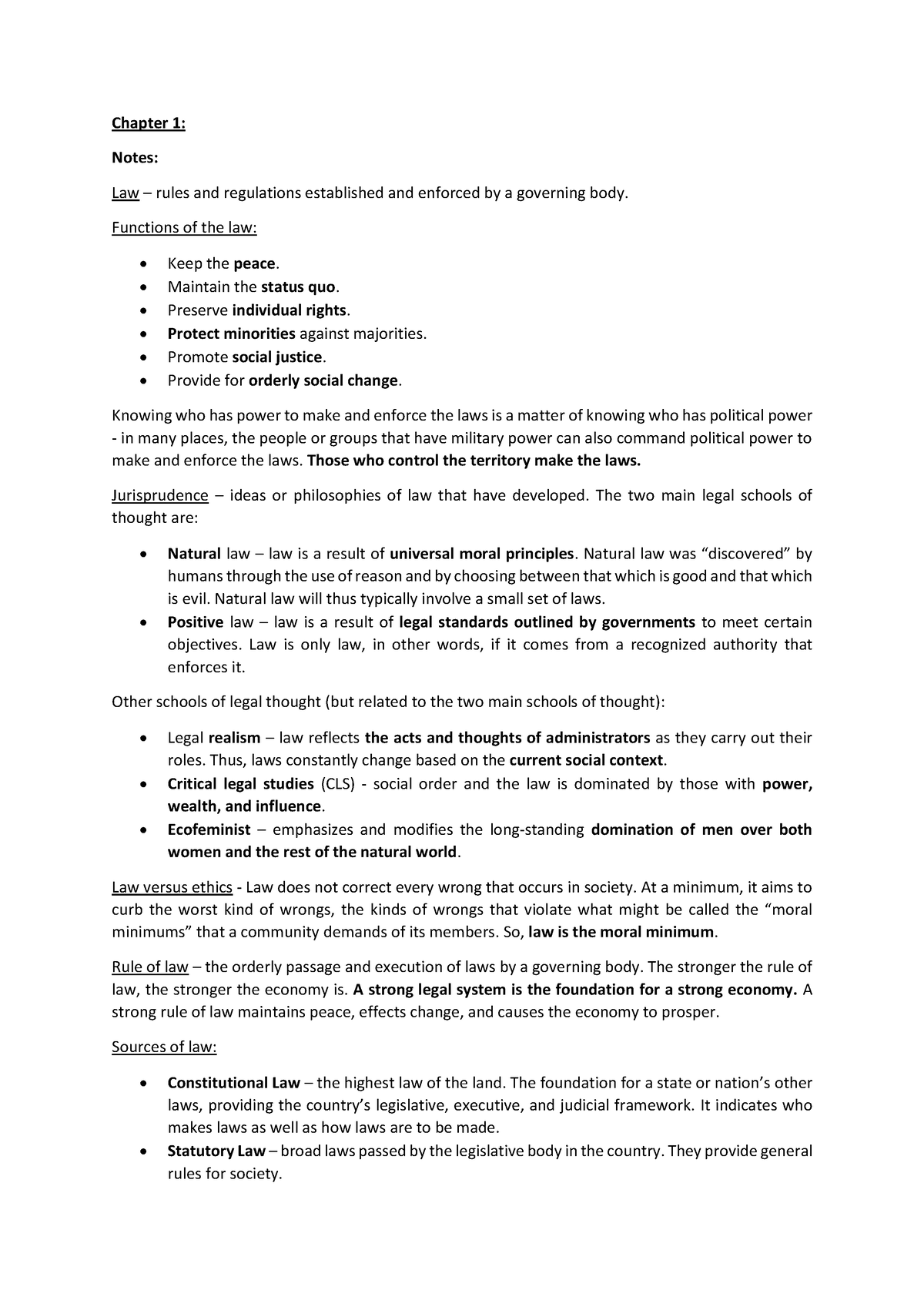 Review Session 1 Notes - LAW - Chapter 1: Notes: Law – rules and ...