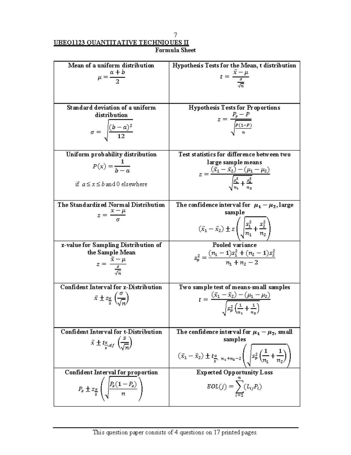 Formula sheets and statistical tables - 7 UBEQ1123 QUANTITATIVE ...