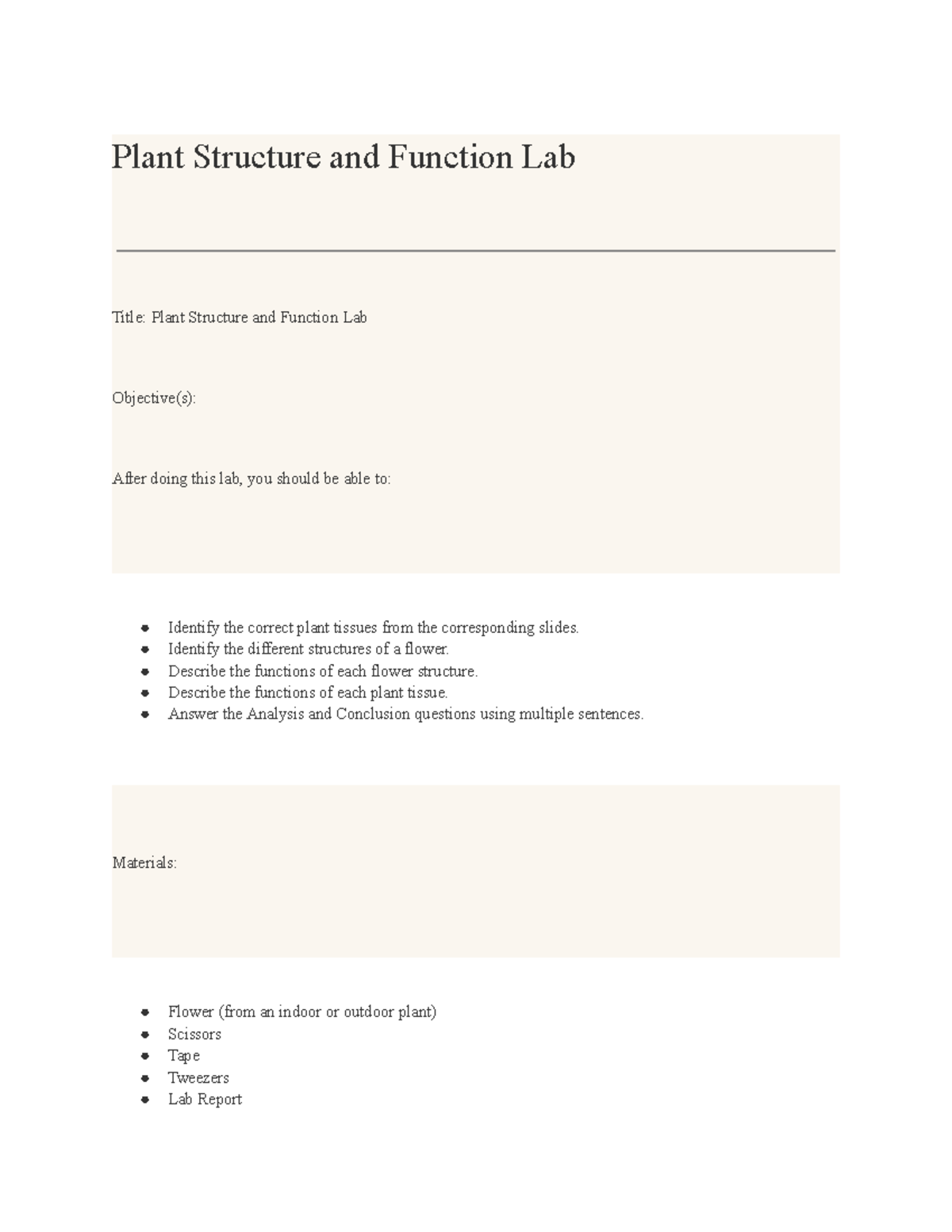 Untitled Document 5 May 29 Plant Structure And Function Lab Title