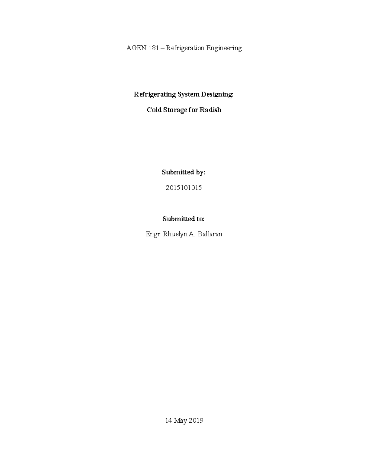 Valino ref Warehouse computation. AGEN 181 Refrigeration