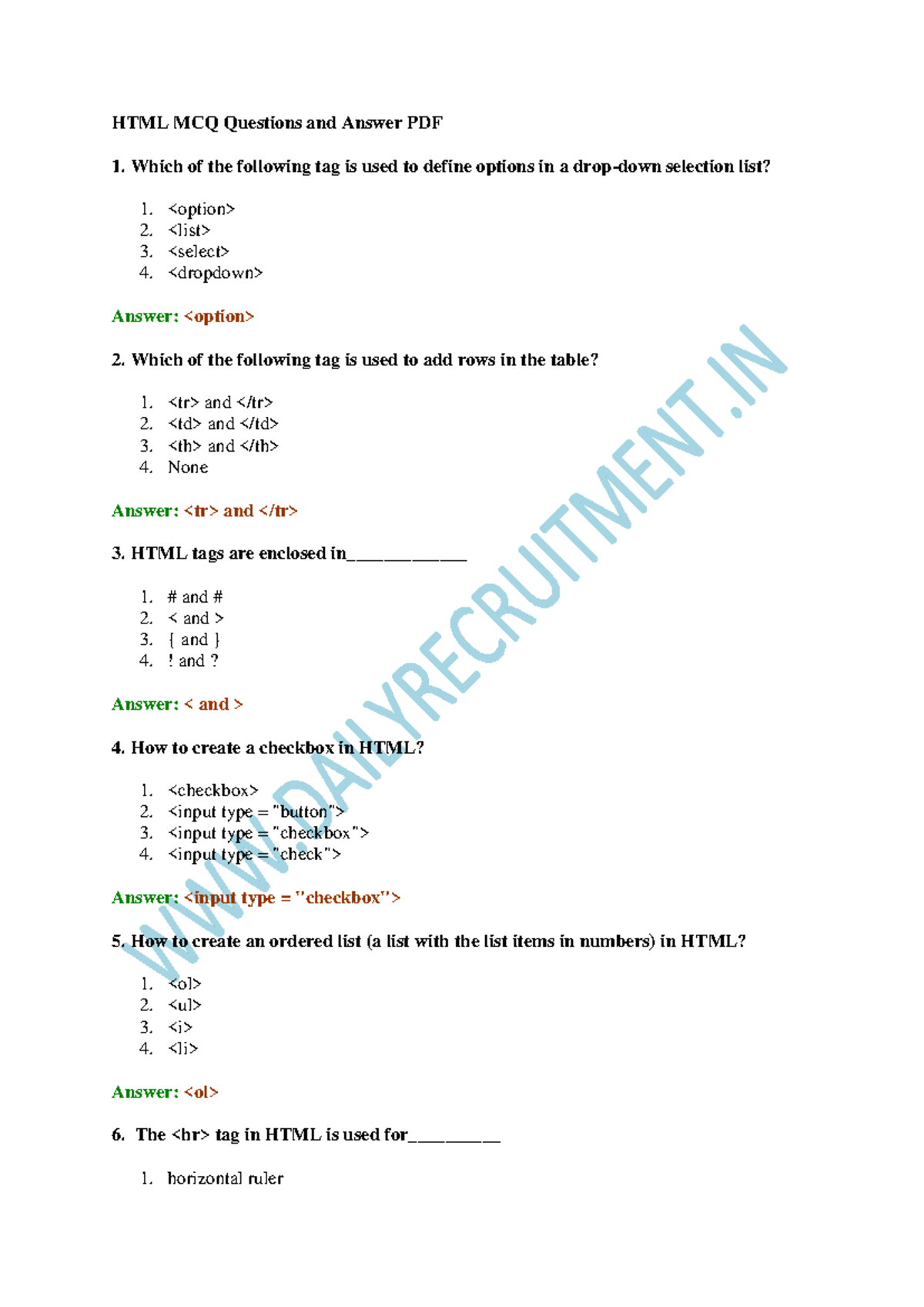 Html Mcq Questions And Answer Pdf Html Mcq Questions And Answer Pdf Which Of The Following Tag