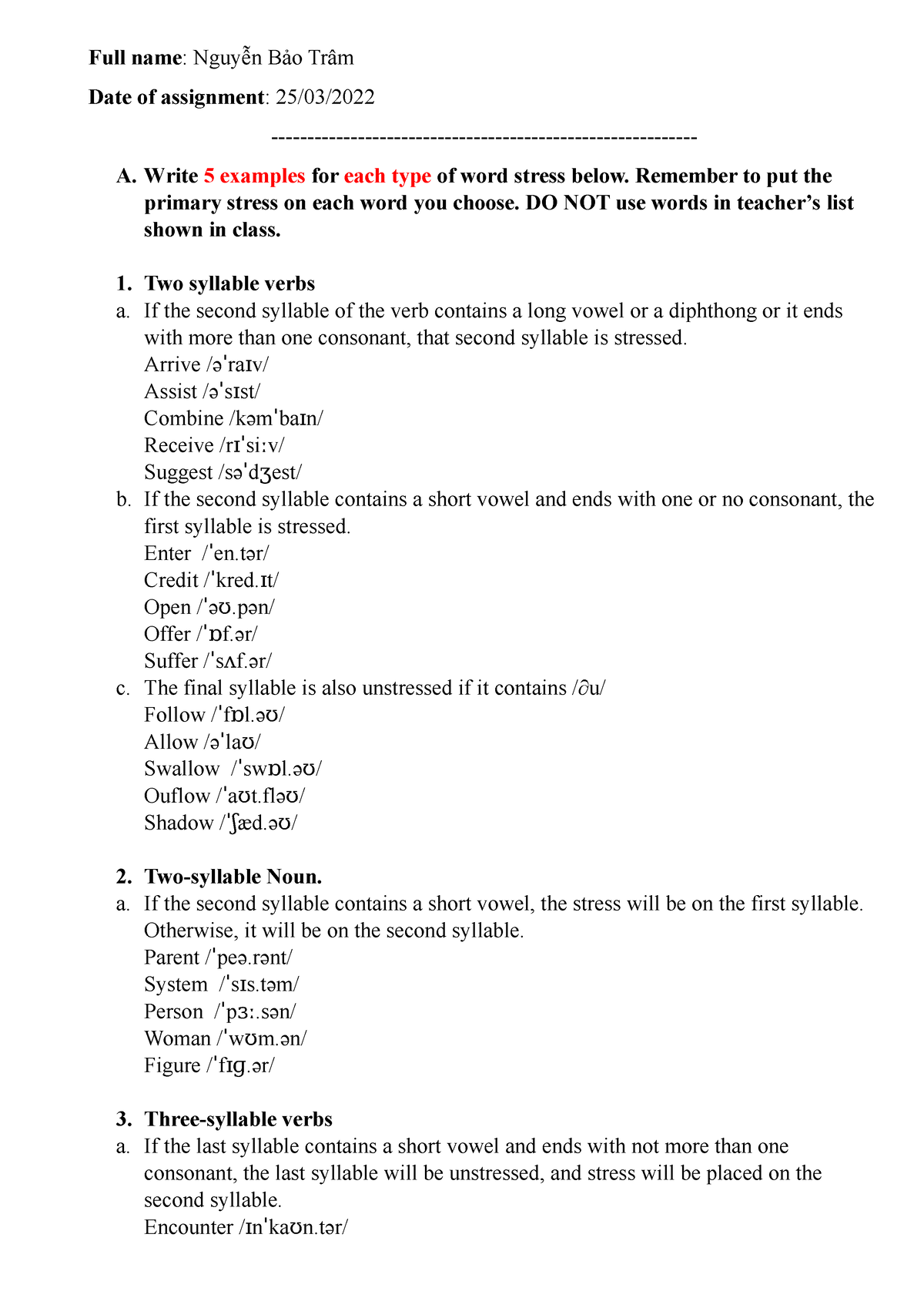 Word stress practice - Full name : Nguyễn Bảo Trâm Date of assignment ...