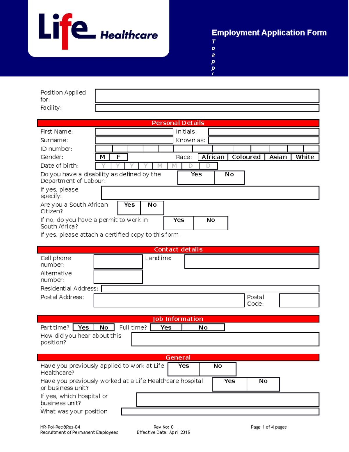 Employmentapplicationform Position Applied for Facility Personal