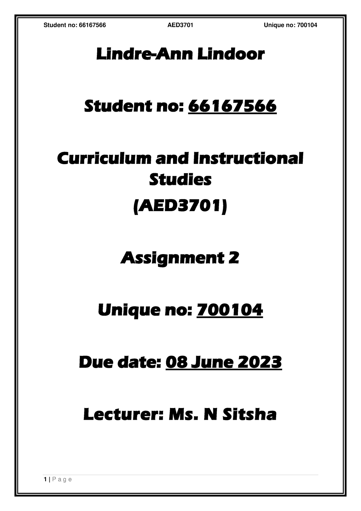 66167566 AED3701 Assignment 02 - Aed3701 - Unisa - Studocu