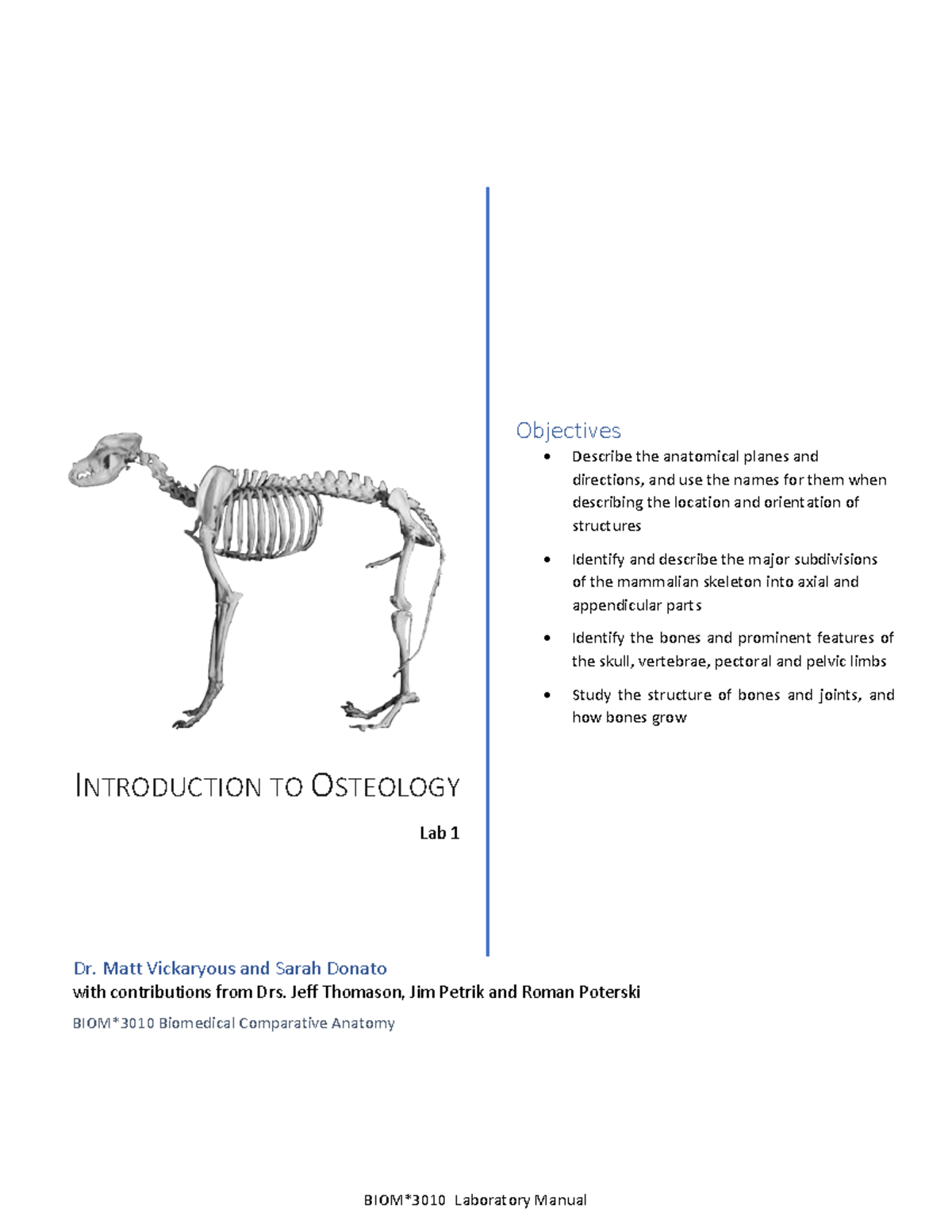 Osteology Lab Manual - notes - BIOM*3010 Laboratory Manual INTRODUCTION ...