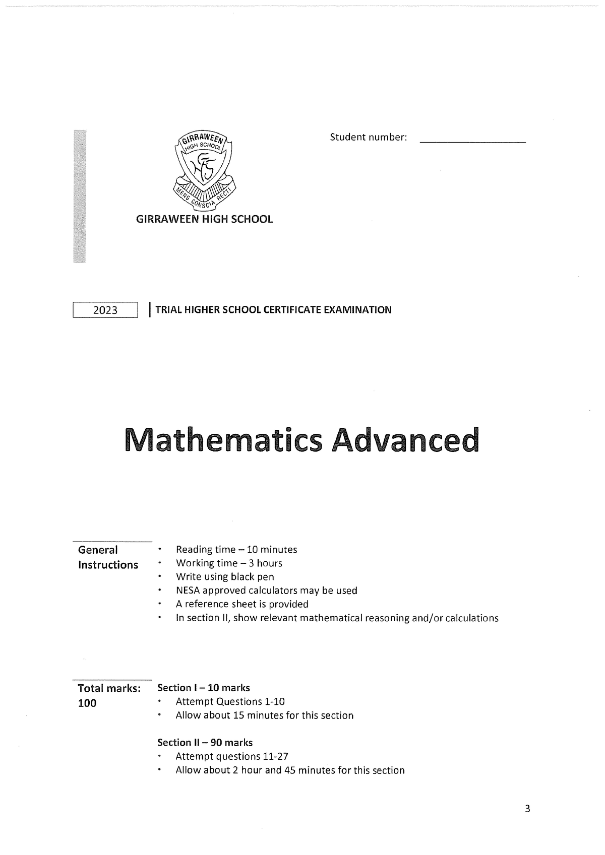 2023 Girraween High School - Adv - Trial - Questions - Student number ...