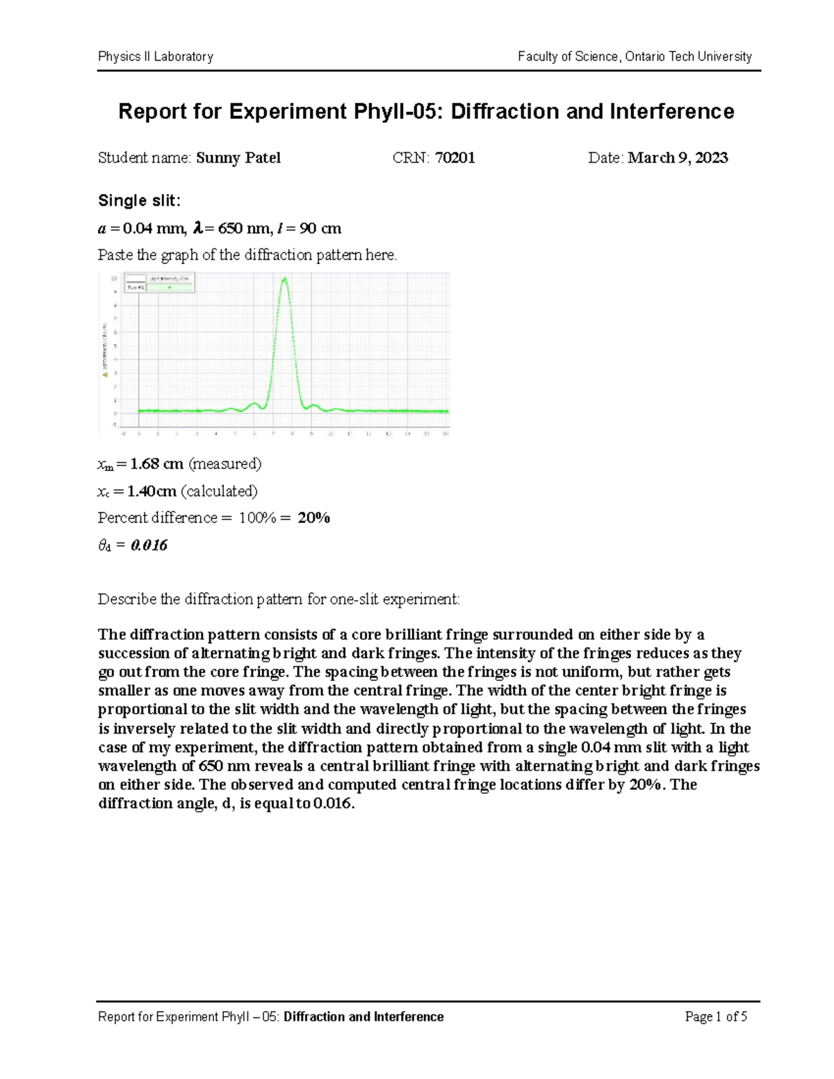 Report Diffraction Lab 5 Sunny Patel Report for Experiment PhyII