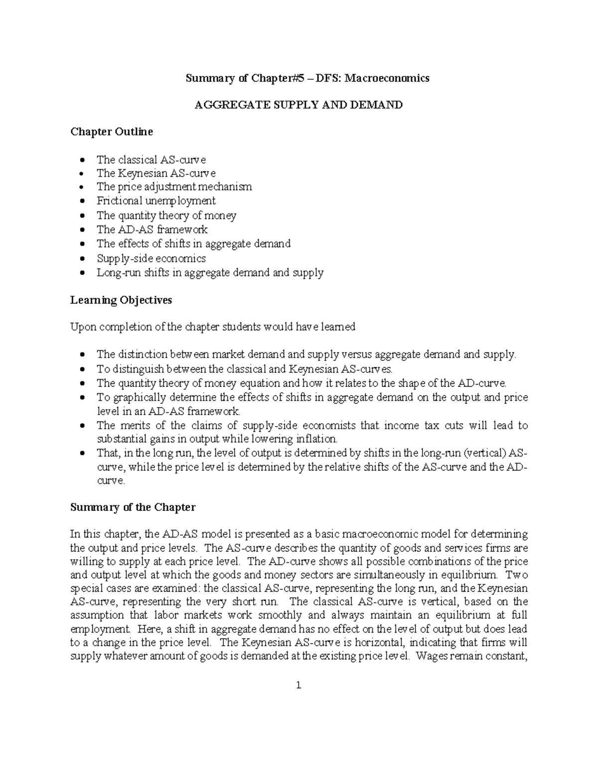 Summary Chapter 05 - 1 Summary of Chapter#5 – DFS: Macroeconomics ...
