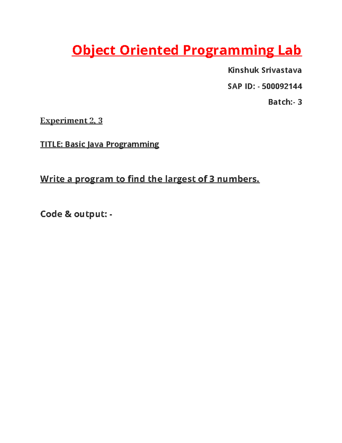 Document 1 - good - Object Oriented Programming Lab Kinshuk Srivastava ...
