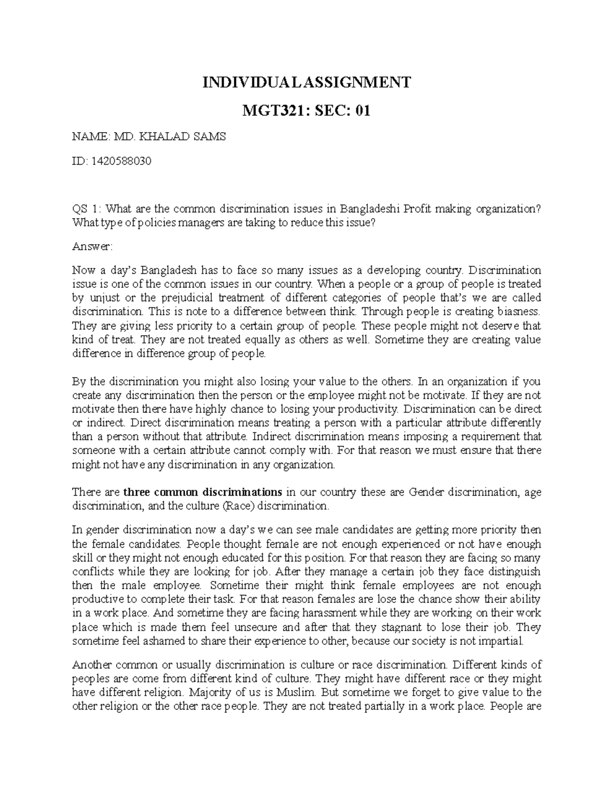 Individual - Management - INDIVIDUAL ASSIGNMENT MGT321: SEC: 01 NAME ...