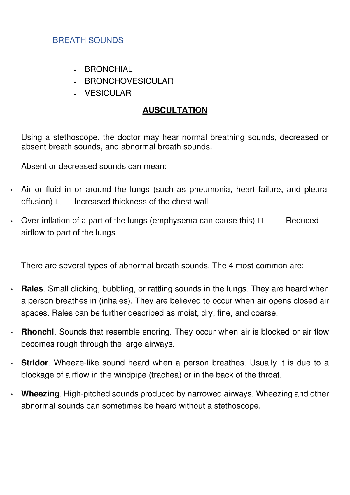 Breath Sounds summary BREATH SOUNDS BRONCHIAL BRONCHOVESICULAR