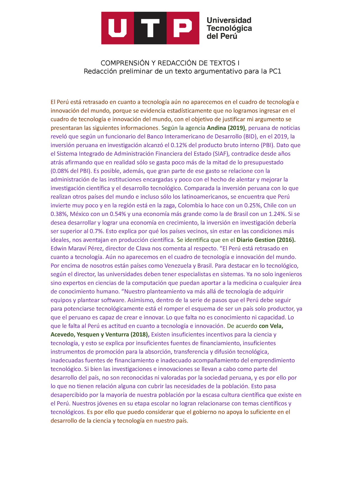 Texto Argumentativo Semana Comprensi N Y Redacci N De Textos I