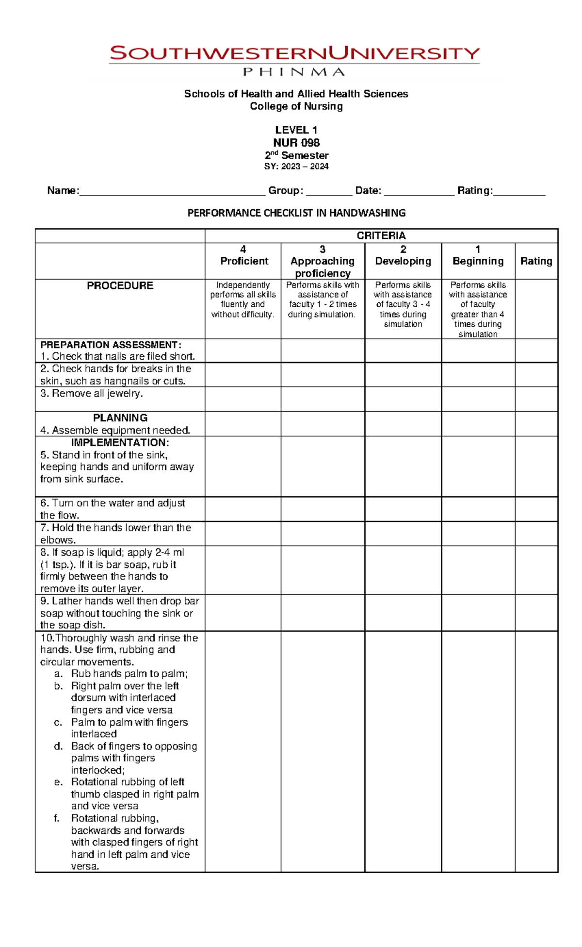 HANDWASHING - RETDEM CHECKLIST - Schools of Health and Allied Health ...