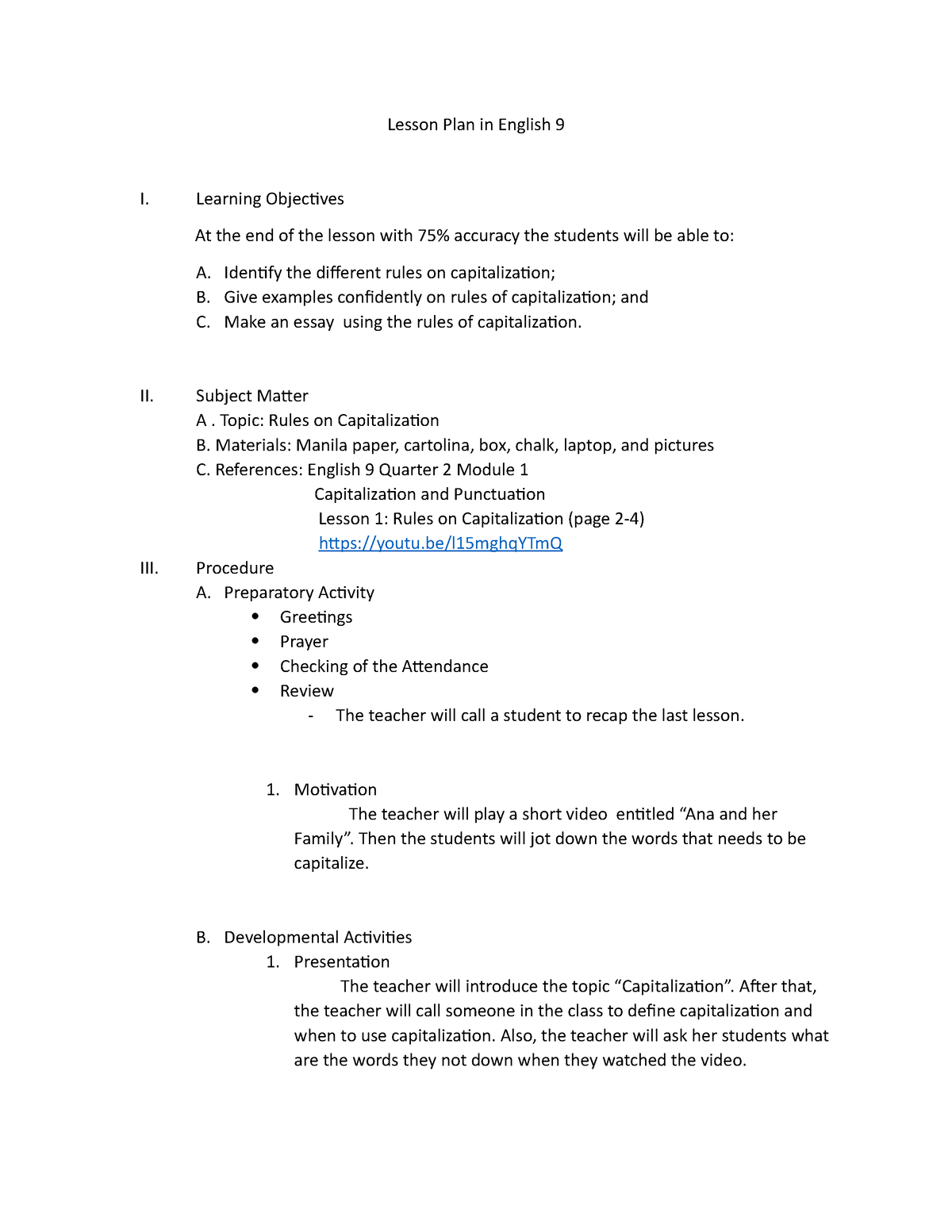 Rules on Capitalization Lesson Plan in English 9 - Lesson Plan in ...