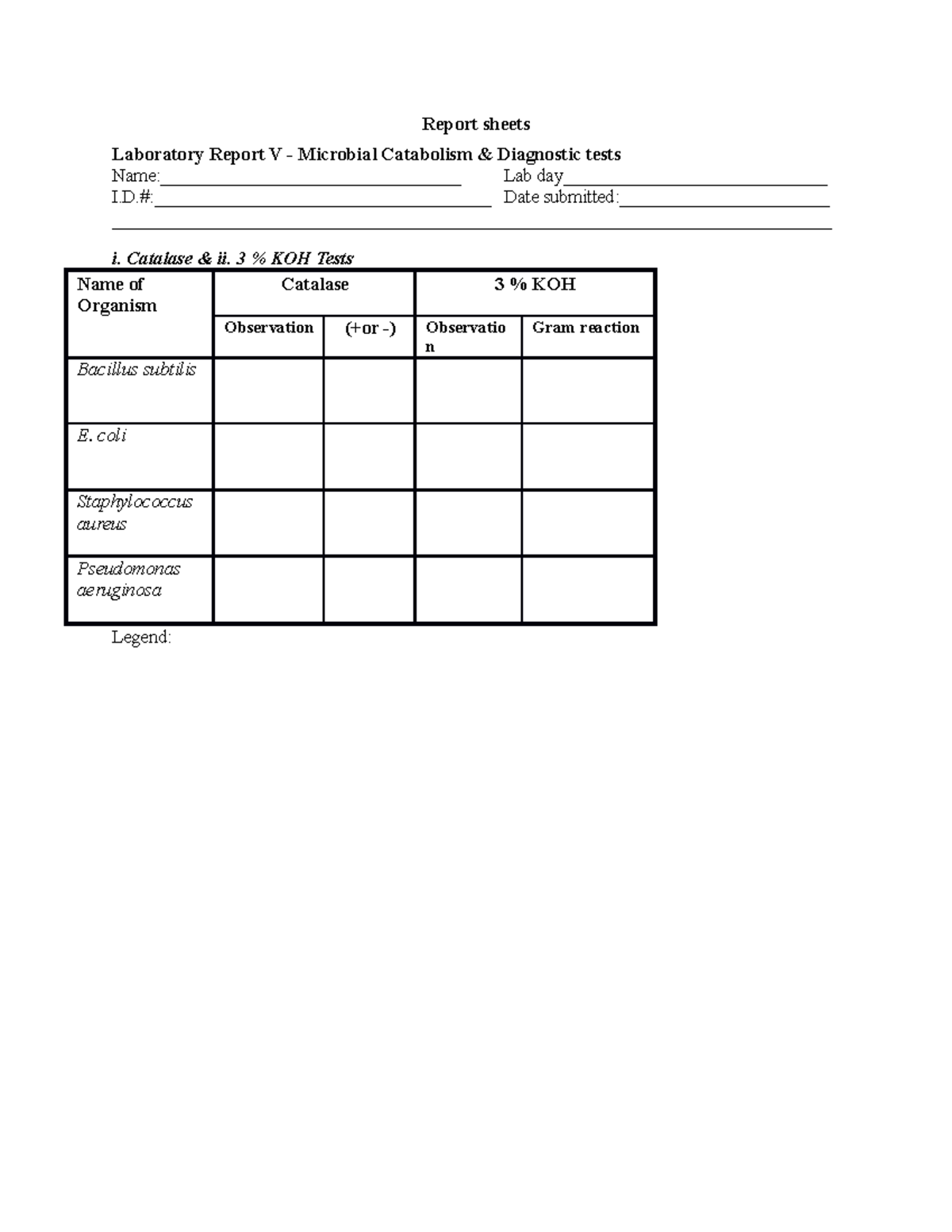 Lab 5 Report Sheets Report sheets Laboratory Report V Microbial