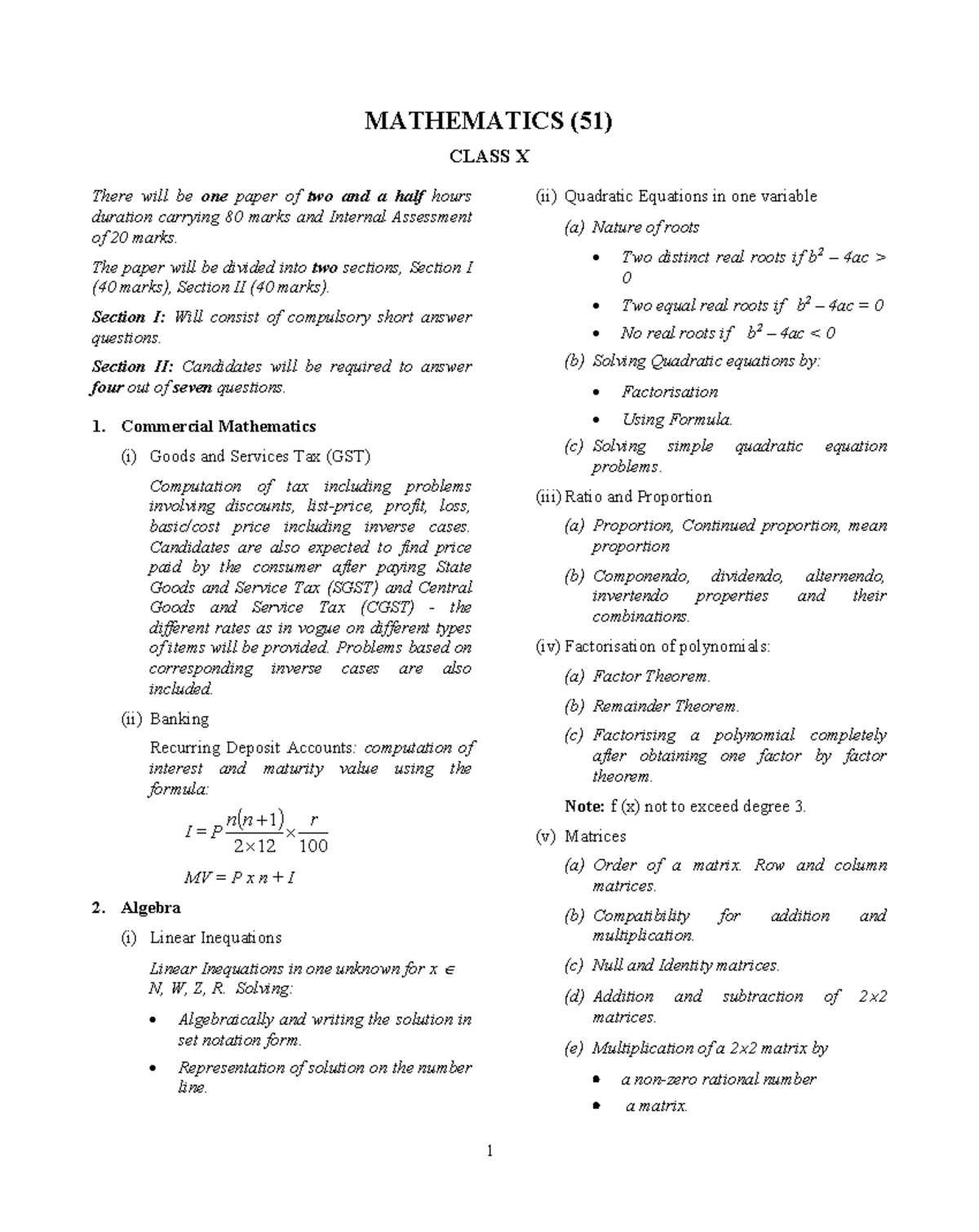 8. Mathematics - Good - MATHEMATICS (51) CLASS X There will be one ...