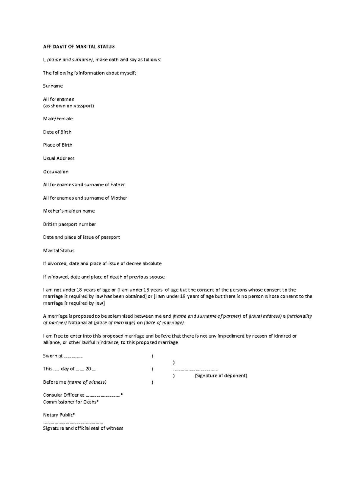 Affidavit Of Marital Status English Affidavit Of Marital Status I Name And Surname Make