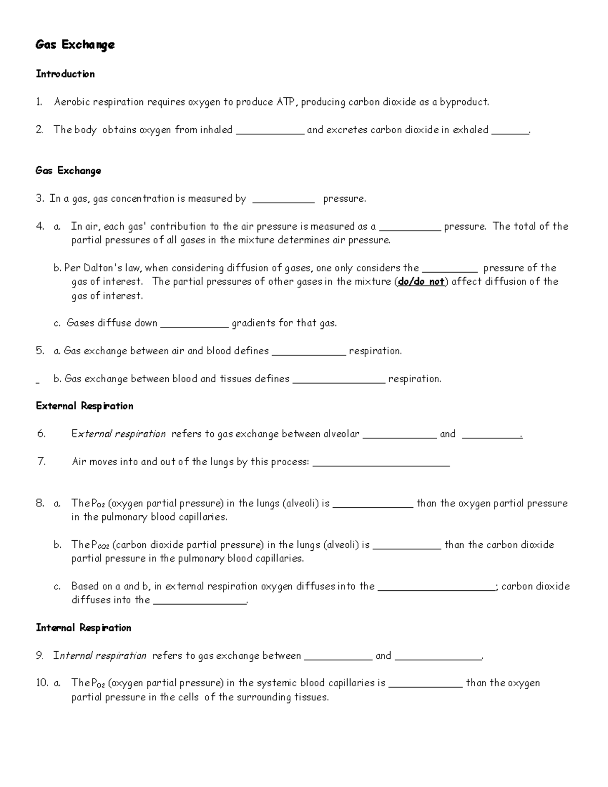 Ch 23 gas exchange worksheet sp19 - Gas Exchange Introduction Aerobic ...