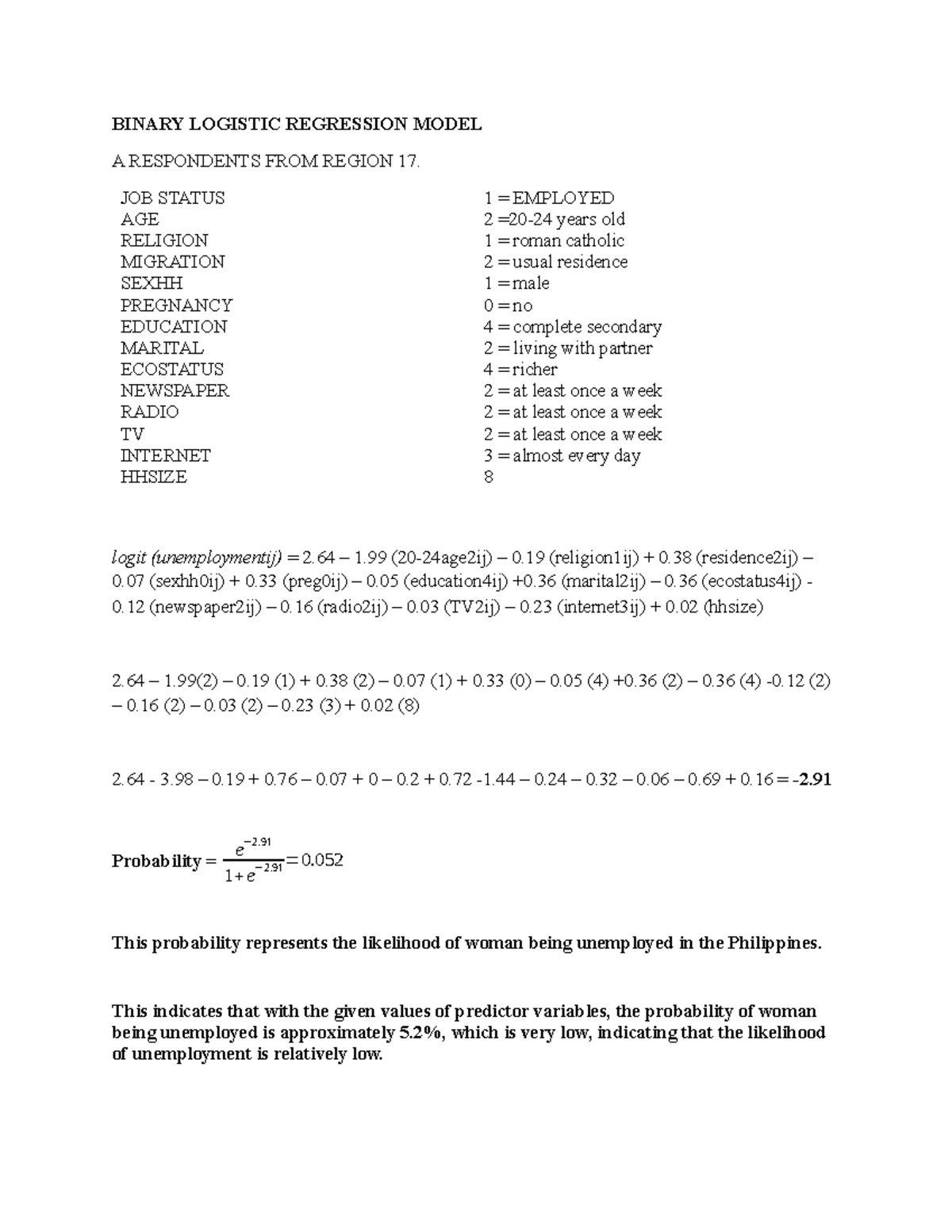 MLM Sample Calculation - BINARY LOGISTIC REGRESSION MODEL A RESPONDENTS ...