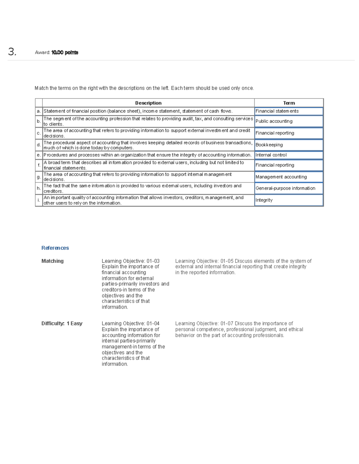 Quiz1part3 - / 3. Award: 10 points Match the terms on the right with ...