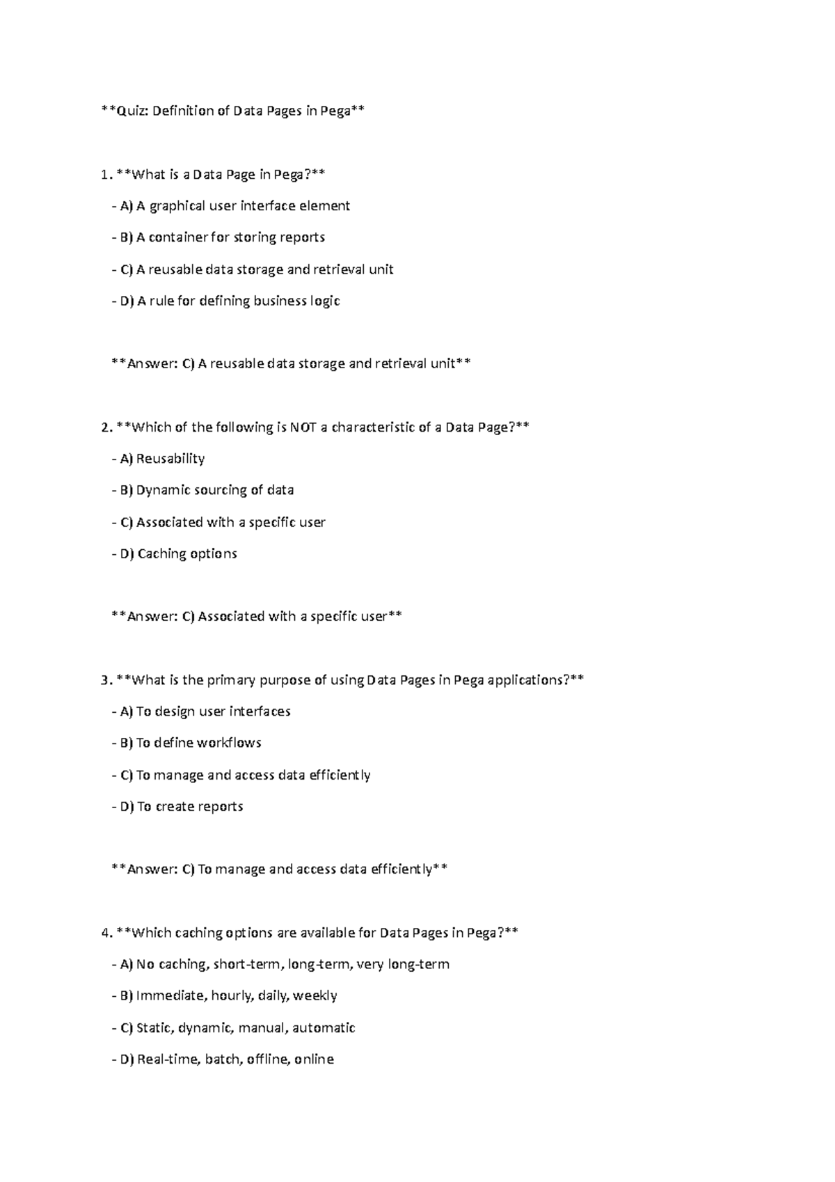 Quiz aNSWER AND QUESRTIONS Quiz Definition of Data Pages in Pega