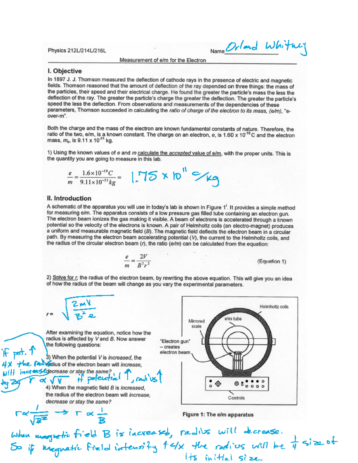 Measurement of e over m for the Electron lab Orland Whitney PHYS 212