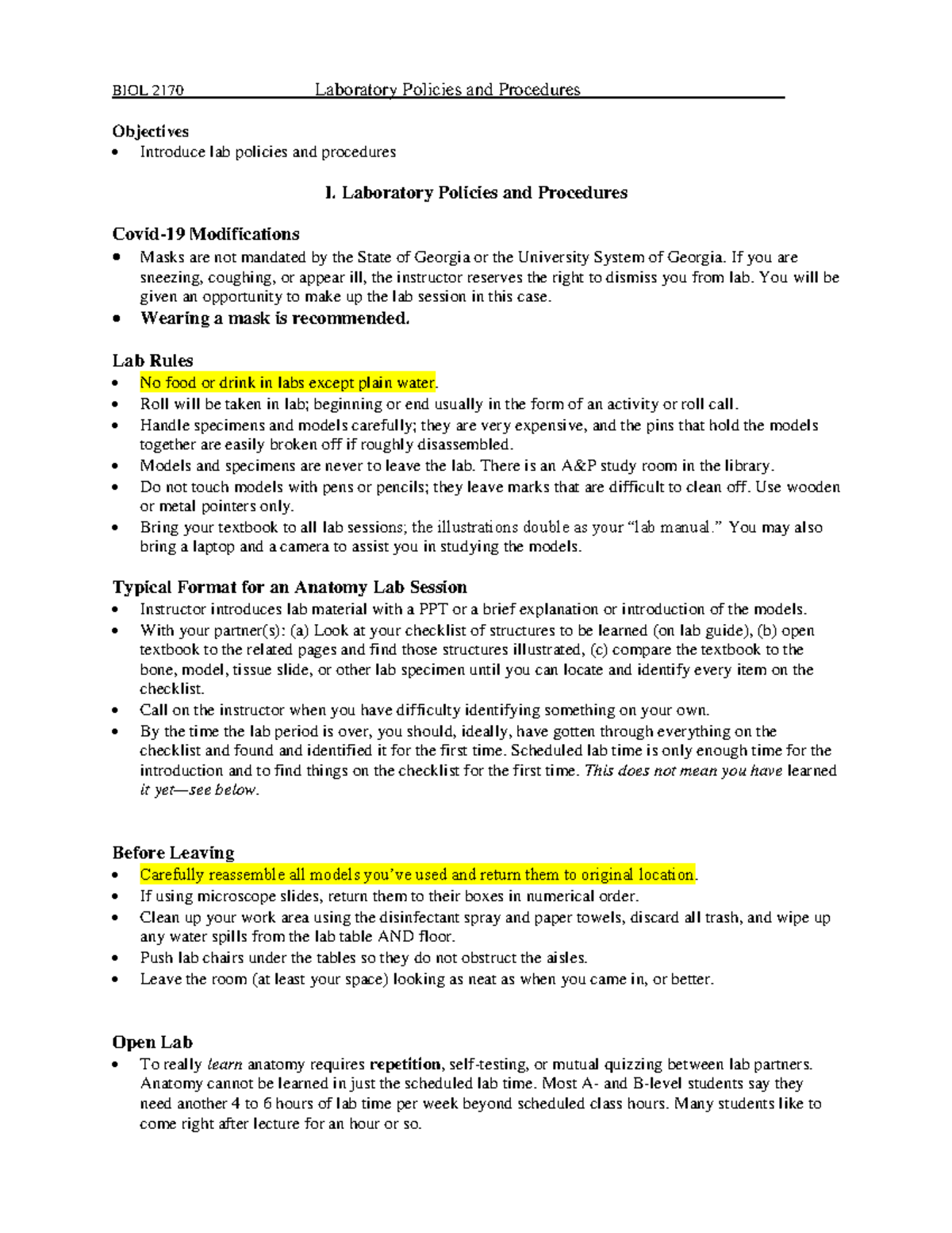 00 Lab Guide Policies and Intro Covid 20222 BIOL 2170 Laboratory