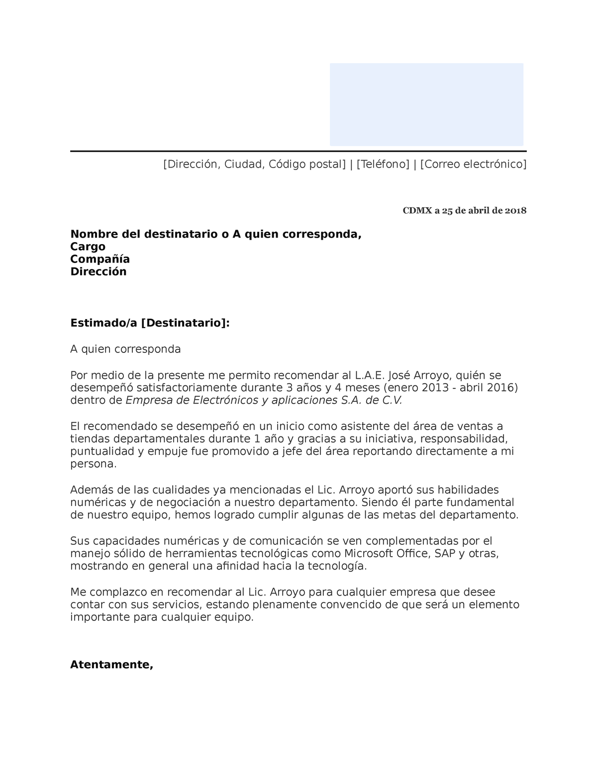 Carta De Recomendación Laboral Membretada 1 Dirección Ciudad Código Postal Teléfono 6776