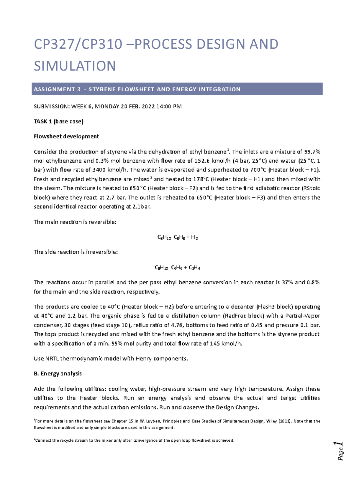 Assignment 3 - mlmlmlm - CP327/CP310 –PROCESS DESIGN AND SIMULATION ...